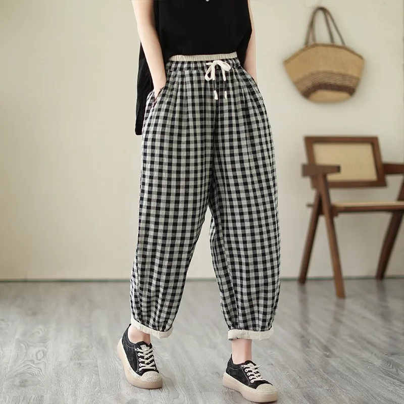 Nouveau rétro ample coton lin Plaid taille élastique lanterne pantalon pour l'été printemps 2025 pantacourt à la mode poche pantalon