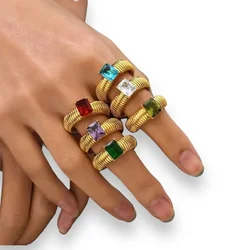 Stainless Steel Waterproof Multi-color Zircon Crystal Rings Vintage Chunky Twist Finger Ring Statement Jewelry Fashion Gift