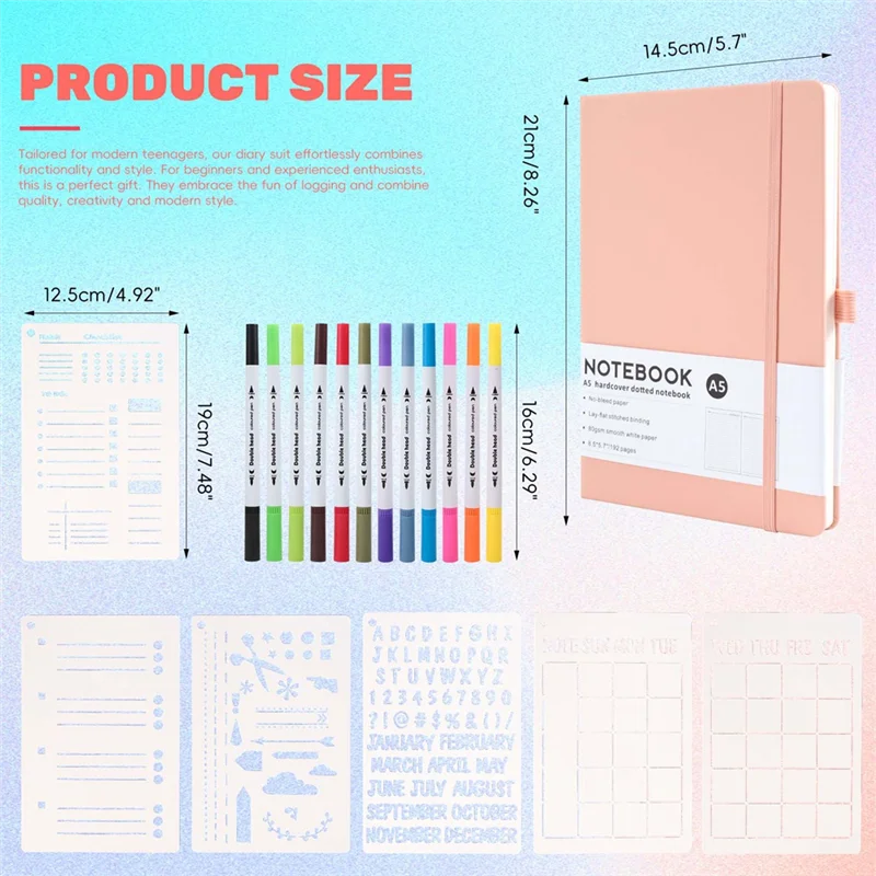 A34M-Dotted Journal Kit,A5 Hardcover Dotted Journal Notebook Numbered Pages,Dotted Journaling Kit For Beginner