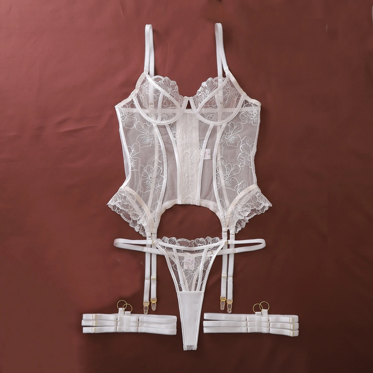 

Fashion Temperament Embroidery Perspective Mesh Lingerie 2026 Women's Sexy See Through Shaping Underwear Female White Split Set