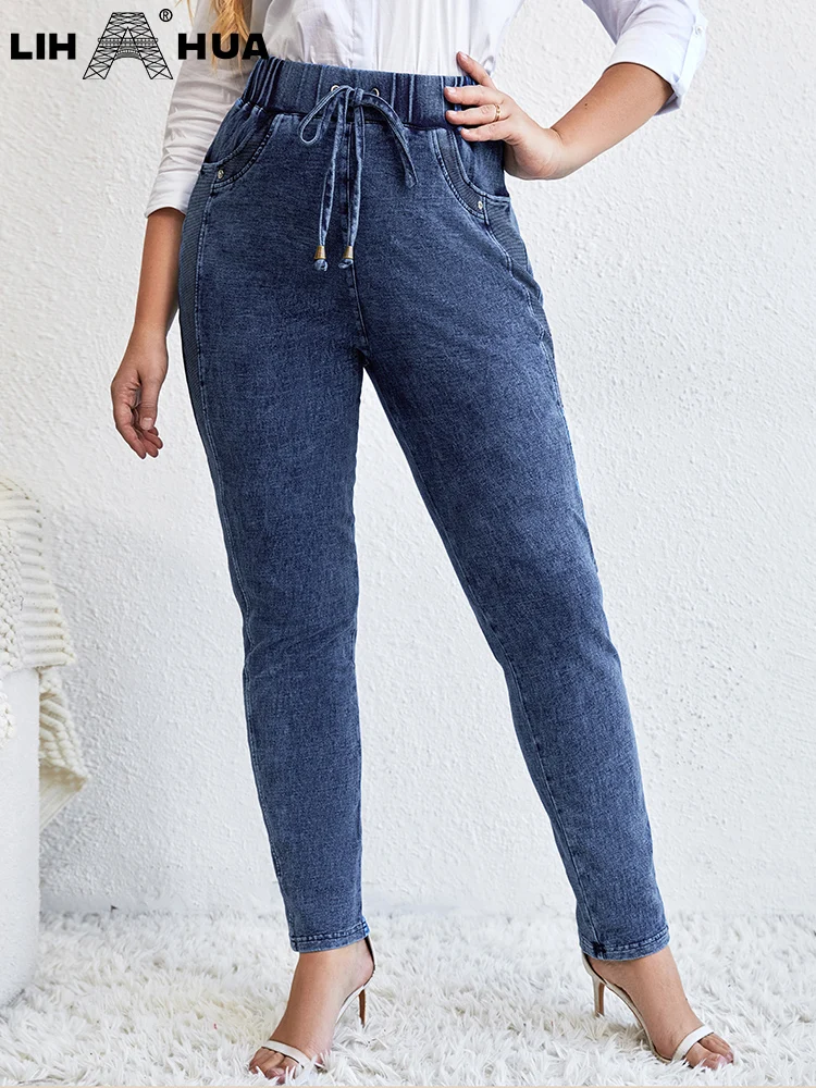 LIH HUA Women\'s Plus Size Jeans Autumn High Stretch Cotton Knitted Denim Trousers Casual Jeans