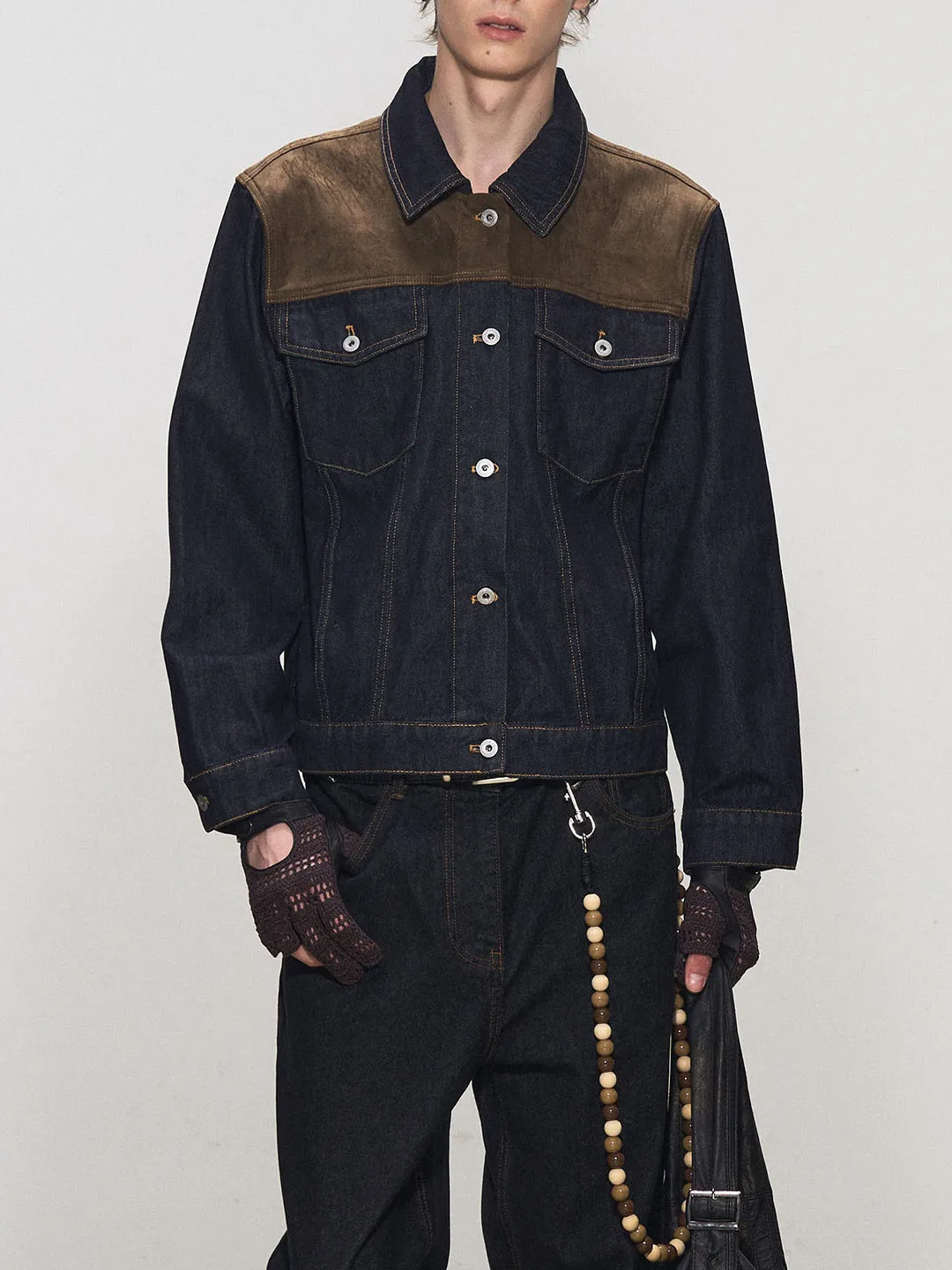 

Ретро-куртка из американского денима с замшевыми вставками и воротником-пэчворк, свободного кроя, повседневная, универсальная верхняя одежда для мужчин и женщин на осень