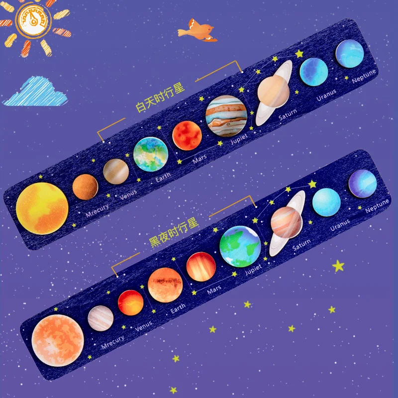 Montessori sistema solar de madeira oito planetas quebra-cabeça placa correspondência para crianças quebra-cabeça de madeira universo cognitivo brinquedo quebra-cabeça
