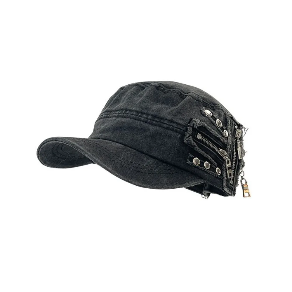Fashion Cloth Rivet Denim Beret Zippers Washed Cotton Metal Rivet Flat Top Hat Korean Style Y2k Equestrian Hat Girl