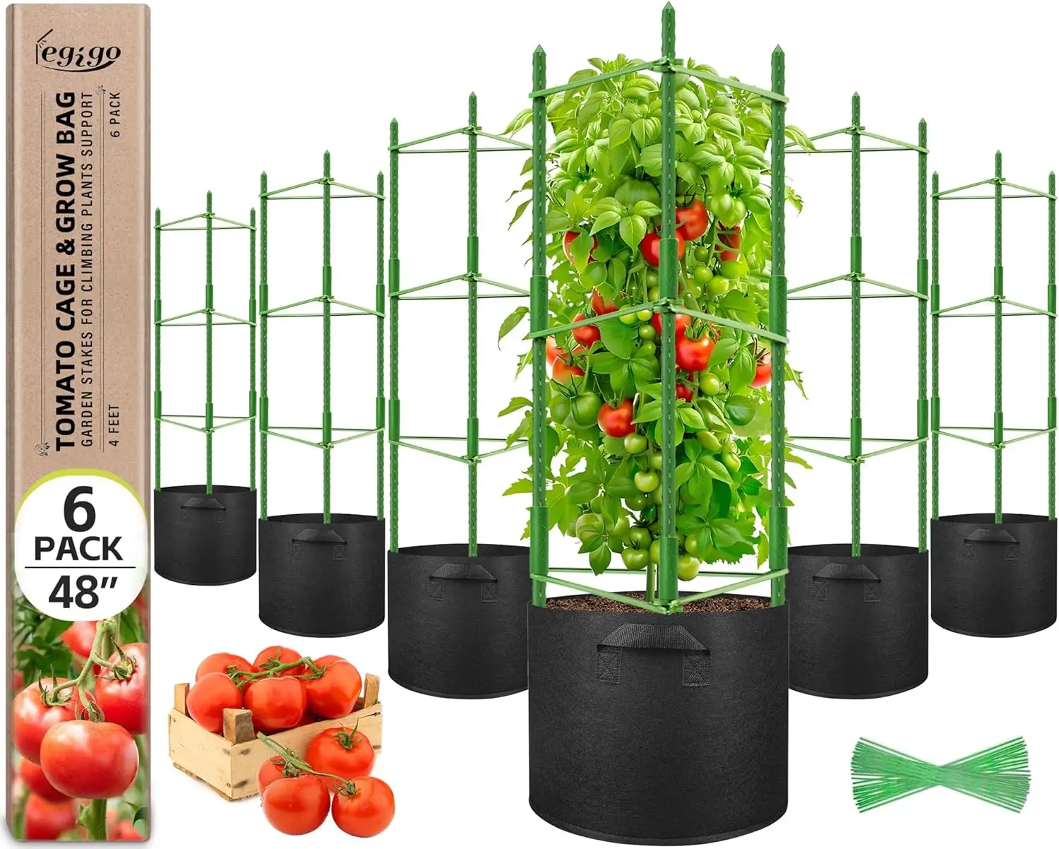 

Набор из 6 опор для томатов с мешками для выращивания объемом 10 галлонов, 48-дюймовые опорные стойки для вертикального выращивания овощей, цветов и фруктов