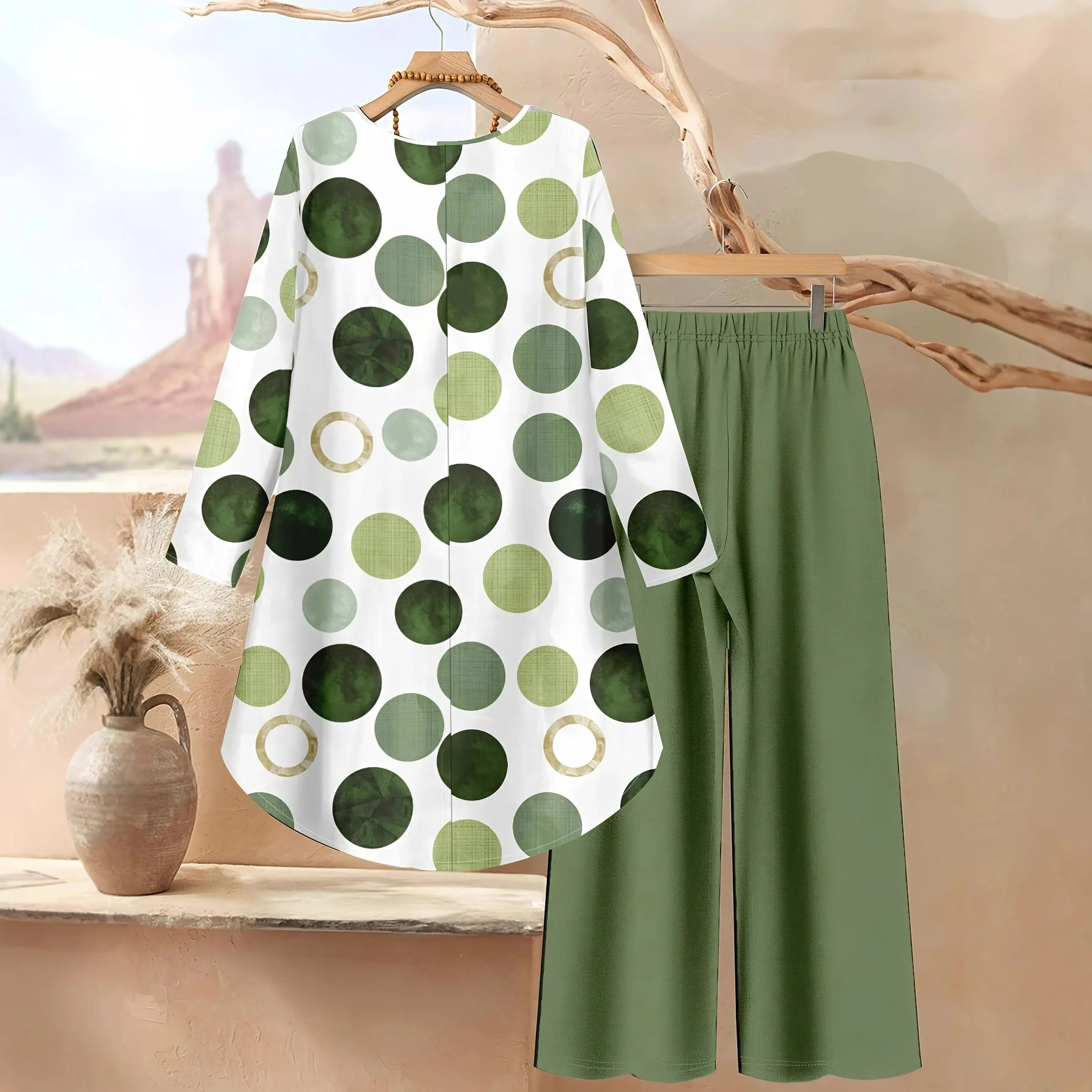 Женский комплект 2025 года с принтом в горошек, элегантный повседневный свободный топ с длинными рукавами и брюки с принтом, комплект из двух предметов