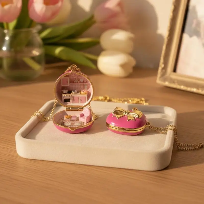 Opening And Closing Square Pendant Necklace New Bedroom Girl's Kitchen Miniature Cabin Scene Necklace Colorful Bow Necklace