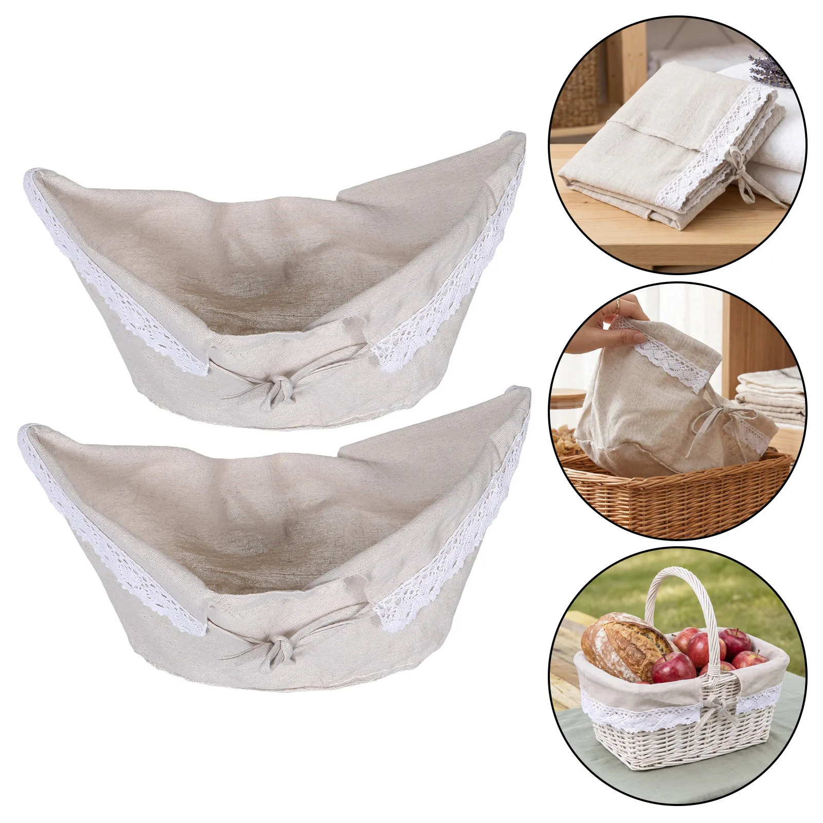 4Pcs Picnic Basket Cloth Liner Decorative Lace Trim Removable Fabric Insert Country Boho Style Washable Linen for Bread Basket