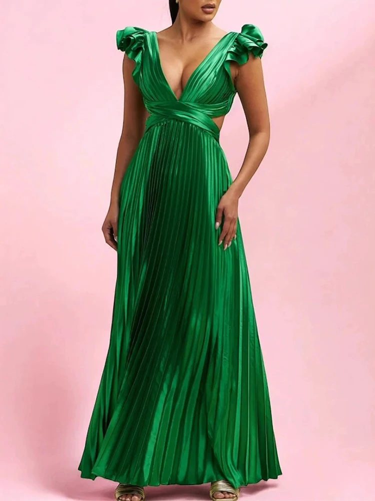 سيدة الموضة ثنيات الخصر سوينغ فستان طويل مثير عارية الذراعين ضمادة الدانتيل متابعة ثوب مجوف أنيق الخامس الرقبة بلا أكمام فستان الحفلات الصلبة #5