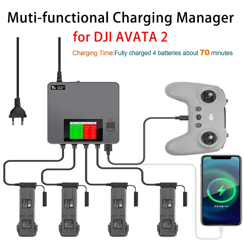 

Muti-functional Battery Charger for DJI AVATA 2 Drone Digital Display Battery Manager Manager Fast Smart Charging at Same Time