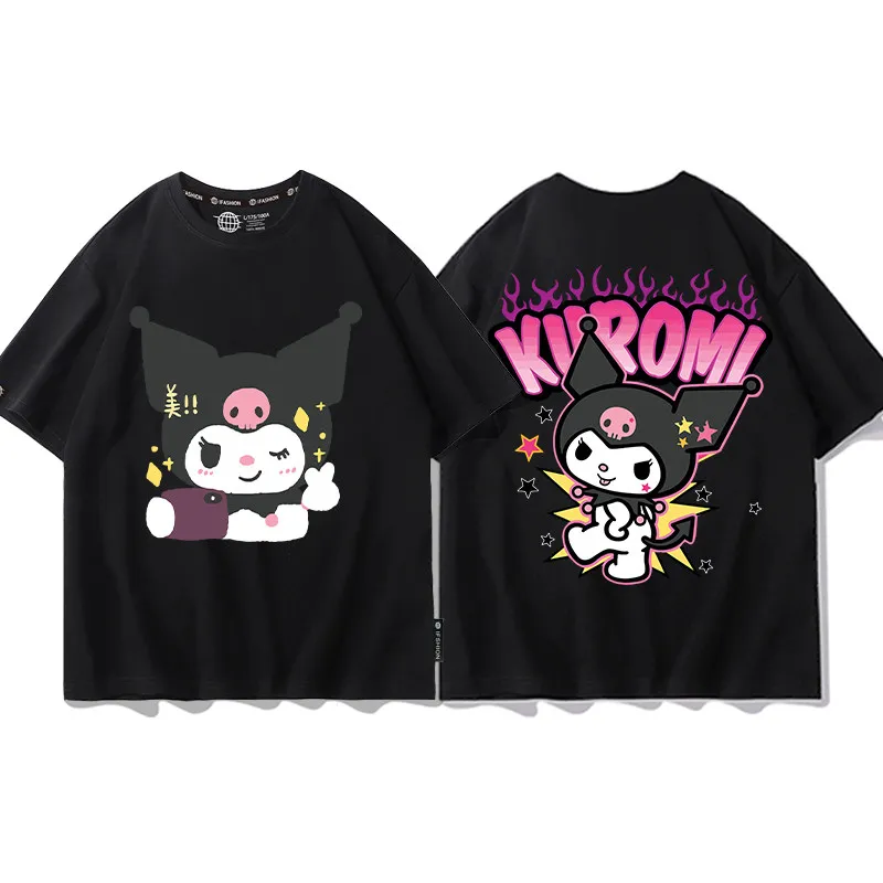 

Детская футболка Sanrio Kuromi из чистого хлопка с двусторонним принтом, одежда для родителей и детей, летняя повседневная модная брендовая футболка