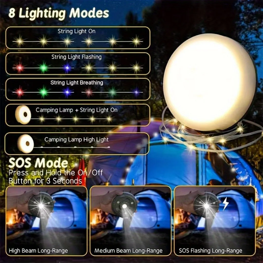 ไฟแคมป์ปิ้งแบบสายยาว 32.8 ฟุต 1 ชุด ตัวเลือกแสงแบบอุ่น/ขาวแบบ 2-in-1 ชาร์จซ้ำได้เพื่อการจัดเก็บที่ง่ายดาย