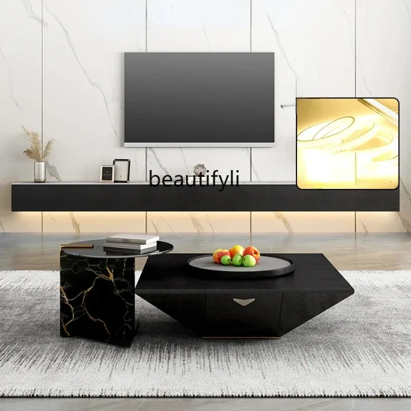 LHY26 ss LBX TV Cabinet and Tea Table Combination Wall-Mounted Solid Wood Stone Plate Modern Minimalist Living Room 3 M Narrow H