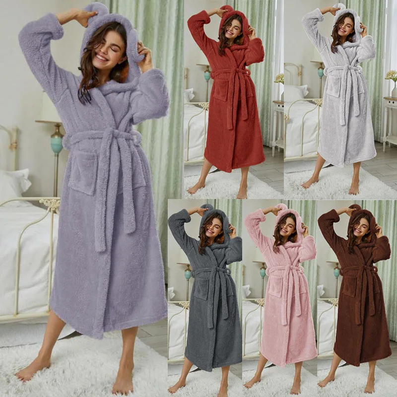 

Thickened Coral Fleece Long Robe Kimono Bathrobe Gown Cute Cartoon Sleepwear Nightgown Loose Casual Flannel Nightdress Home Wear