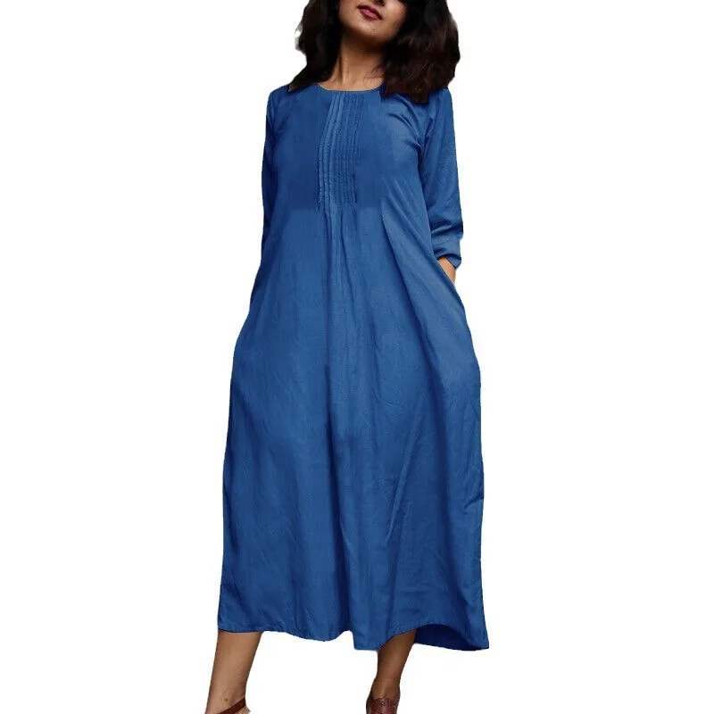 Women\'s clothing long dress cotton linen long sleeved western-style age reducing round neck casual pocket dress plus size