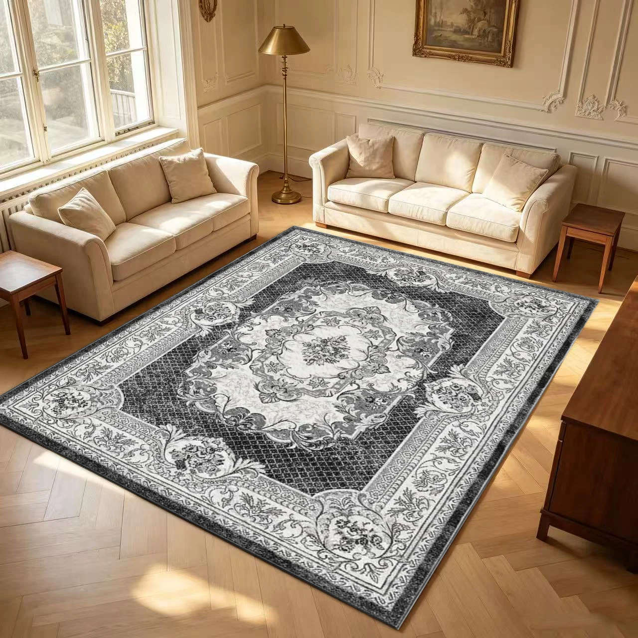 Classic European Baroque Area Rug Black White Ornate Floral Medallion Border Floor Carpet for Living Room Bedroom Home Decoration