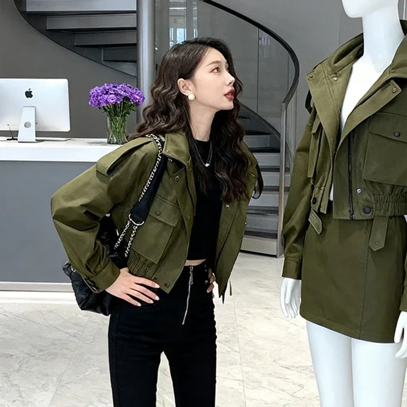2026New Women's Cropped Hooded Cargo Jacket Green Utility Coat Elastic Hem Streetwear Fall Winter Chic Outwear Lady Commute Coat