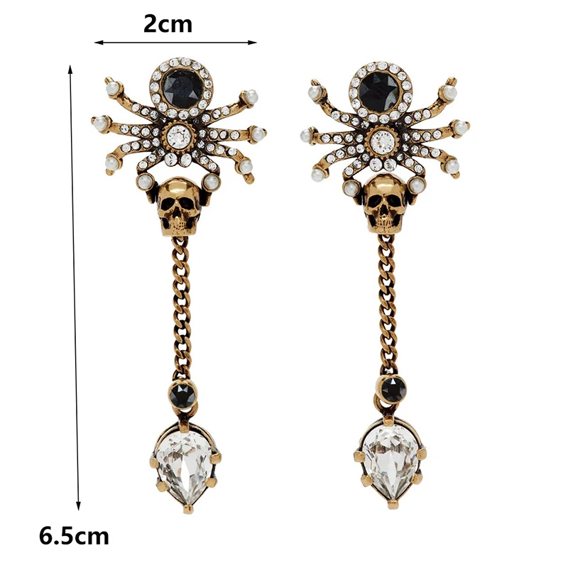 Halloween retro hip-hop pairing with zircon inlaid long spider earrings and skull head cos activity pairing