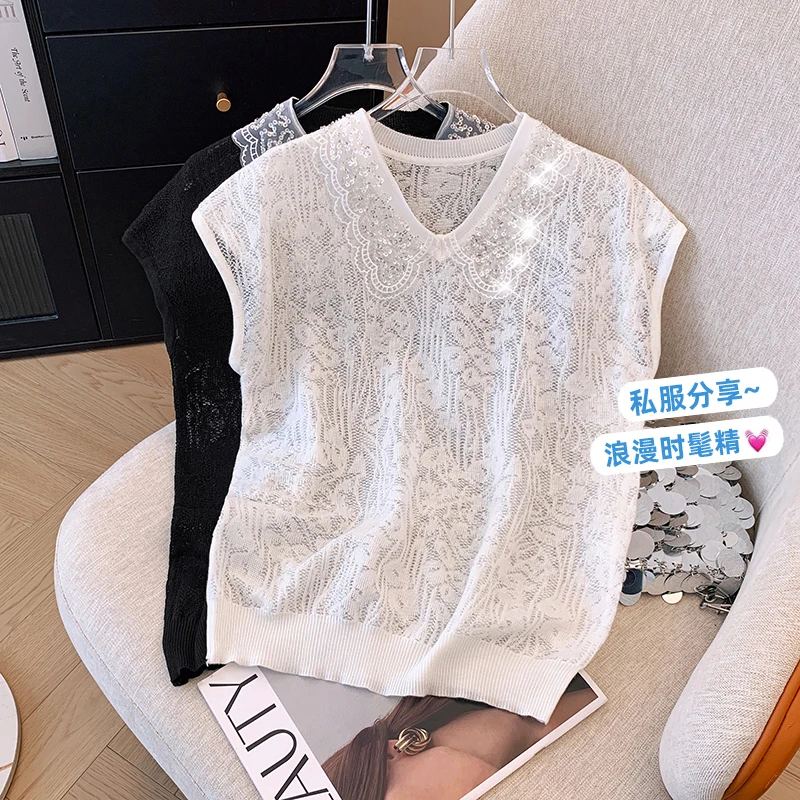 2024 Summer Lace Vests Women Elegant Stylish Fashion Chic Tops Pullovers V-neck Ladies Women\'s Jumpers Knitwear Femme