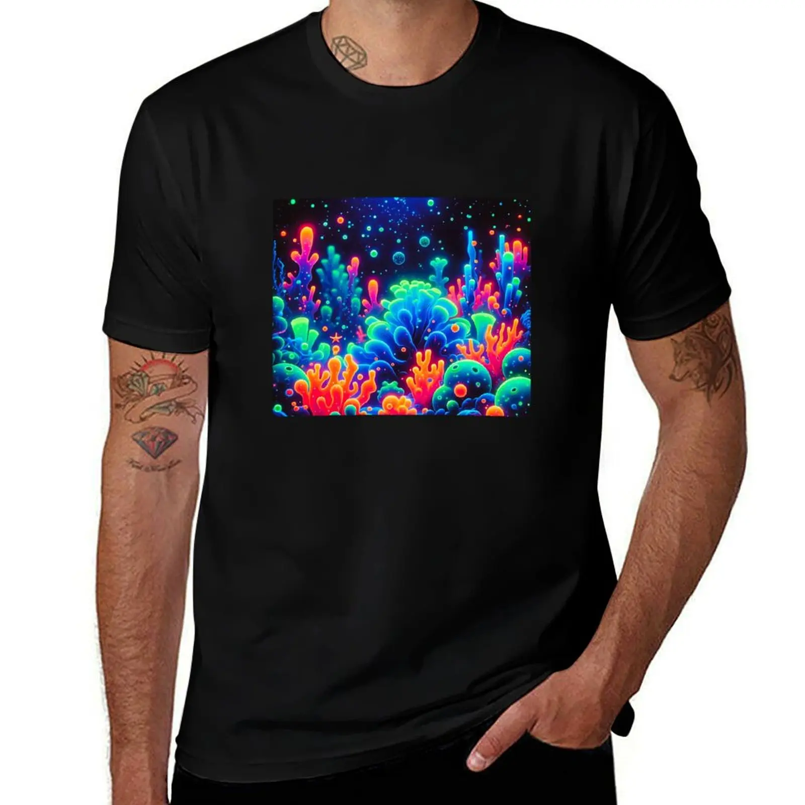 uv reactive Neon Coral Reef Underwater Scene T-Shirt Big Size Crew Neck T-Shirt