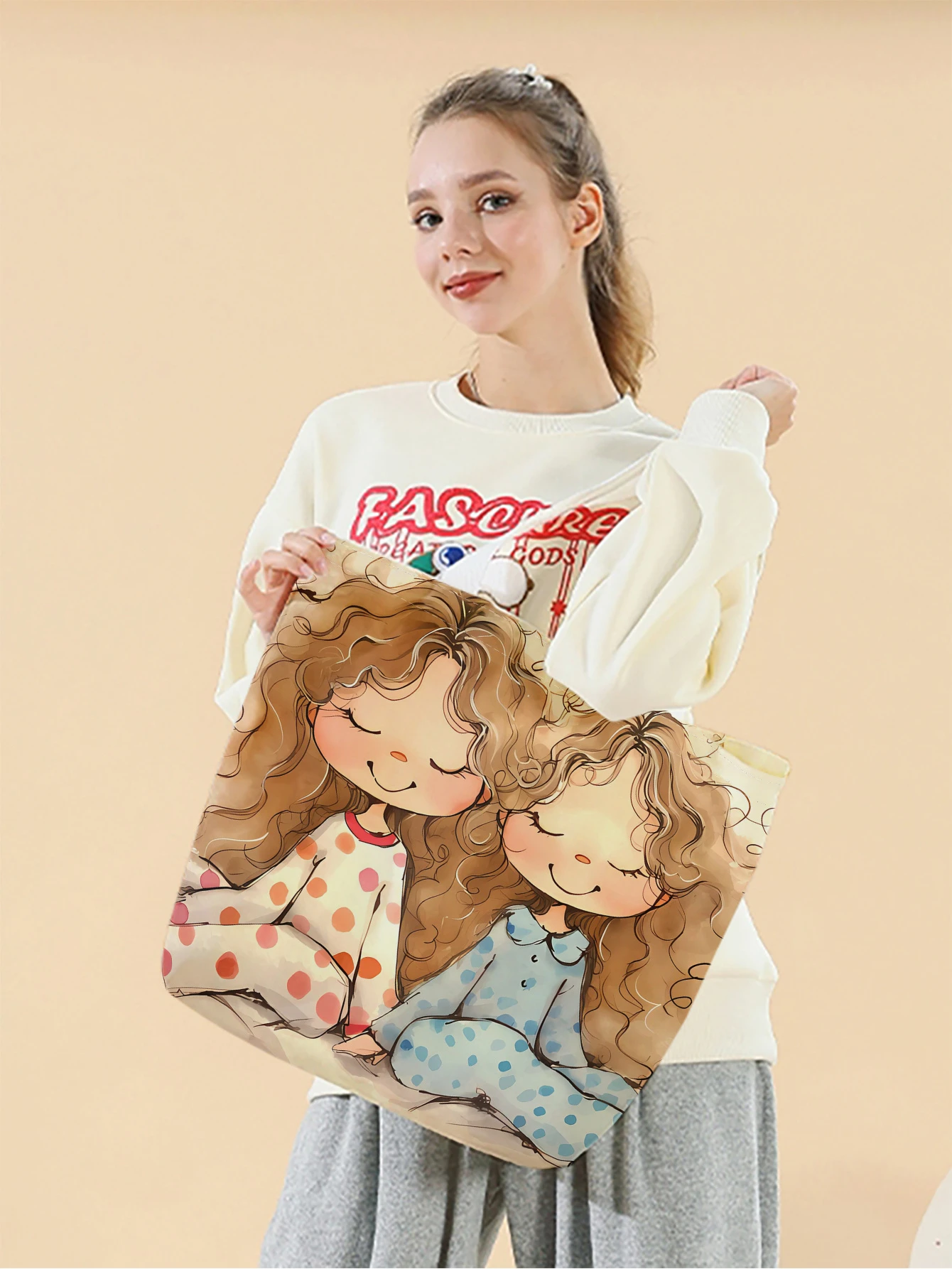 1pc,Cartoon Girl Pattern Handbag, Reusable Fashionable Handbag, Multifunctional Handbag, Printed Canvas Shopping Bag