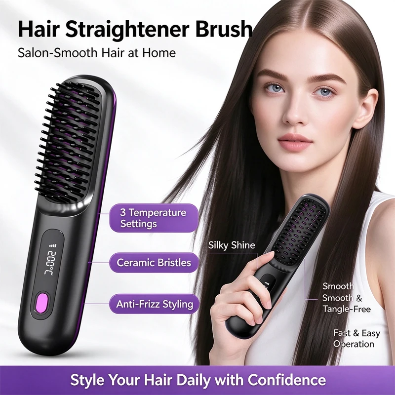Portable Hair Straightener Brush Charging Cordless Hot Comb Ceramic Coating Ionic Anti Frizz Styling Tool Instant Salon Smooth