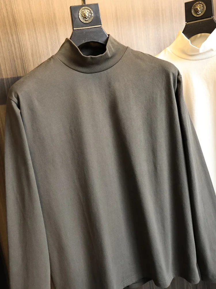 Men's Cotton T-Shirt Breathable Comfortable Base Layer Half High Collar Fashionable Autumn Wear Skin-friendly Modern Style
