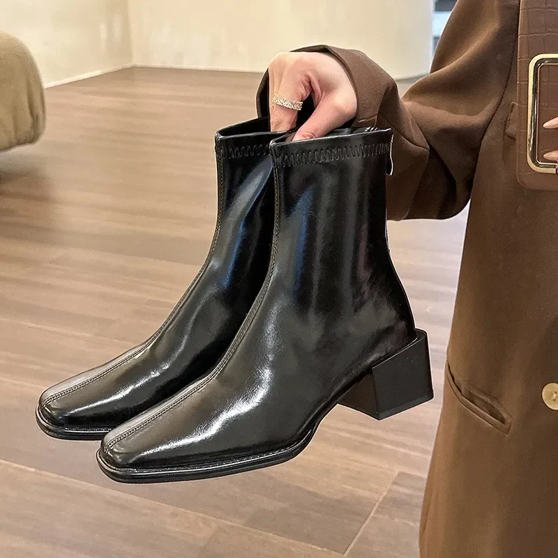 

Woman Chelsea Boots Fashion Slip On Ladies Elegant Square Heel Short Boots Shoes Black Women's Winter Boats