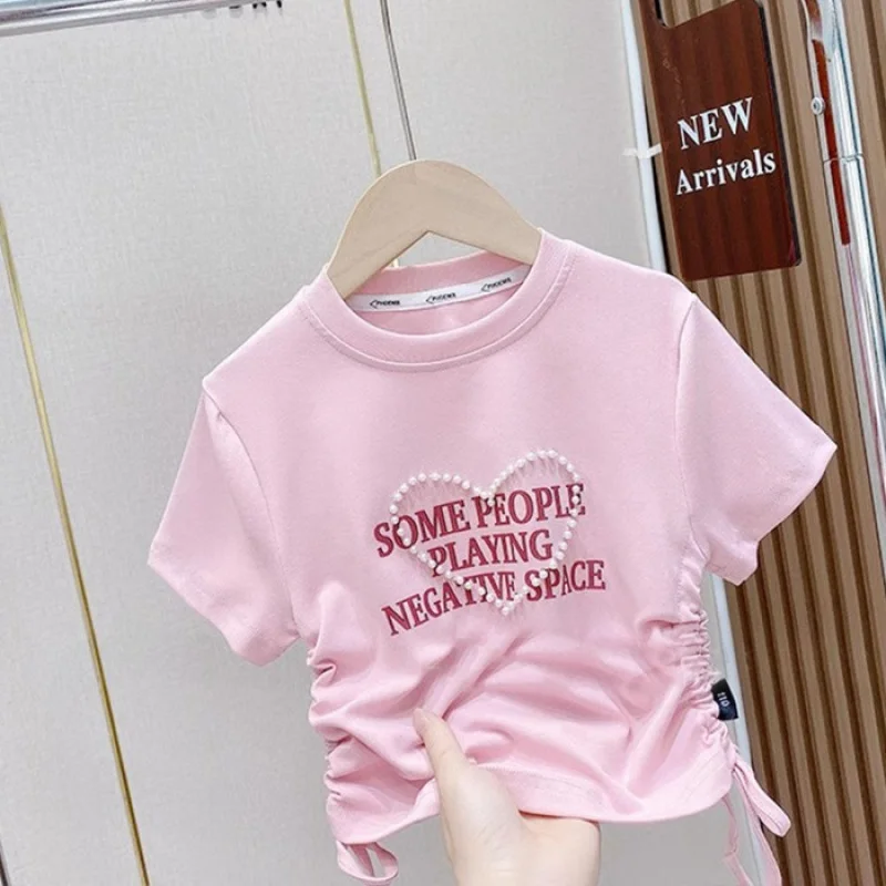 Girls' Short-Sleeved Shirt Summer Fashion Short PearlTT-shirt2024New Personalized All-Match Western Style Drawstring-WS