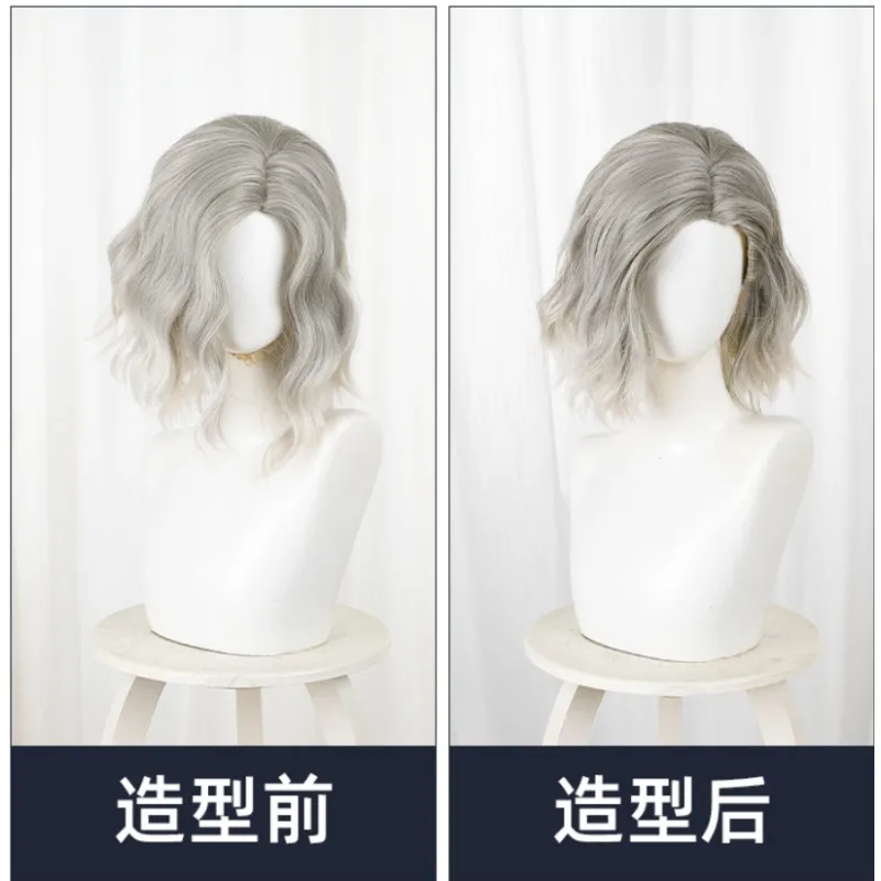 Silver Grey Ombre Short Wavy Wig Middle Part Natural Curly Synthetic Wig Heat Resistant Cosplay Halloween Daily Party Wigs view 6