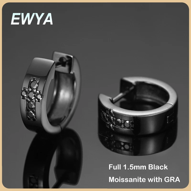 EWYA Full 1.5mm 0.18cttw nero D colore Moissanite orecchini a cerchio per uomo donna 925 argento Pass Diamond Test piccola fibbia per l\'orecchio