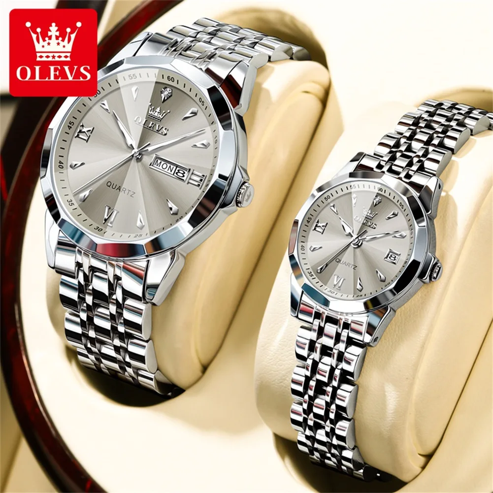 ساعات OLEVS للزوجين كاجوال من الفولاذ المقاوم للصدأ كوارتز أصلية مقاومة للماء بتقويم مضيء للرجال والنساء