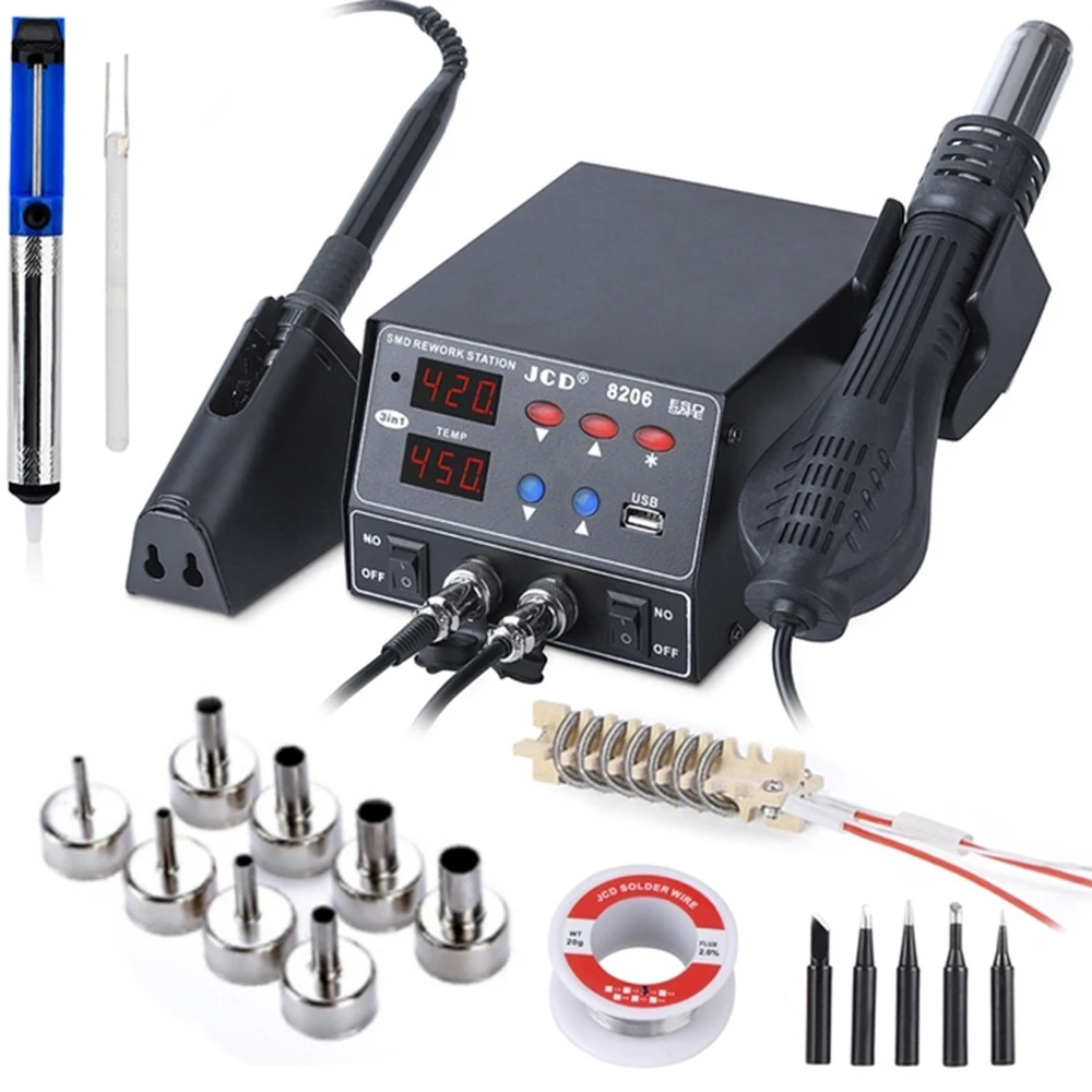 

JCD 800W SMD Soldering Station Quick Heat 3 in 1 Heat Gun USB Interface LED Display Solder Iron BGA Rework Welding Station 8206