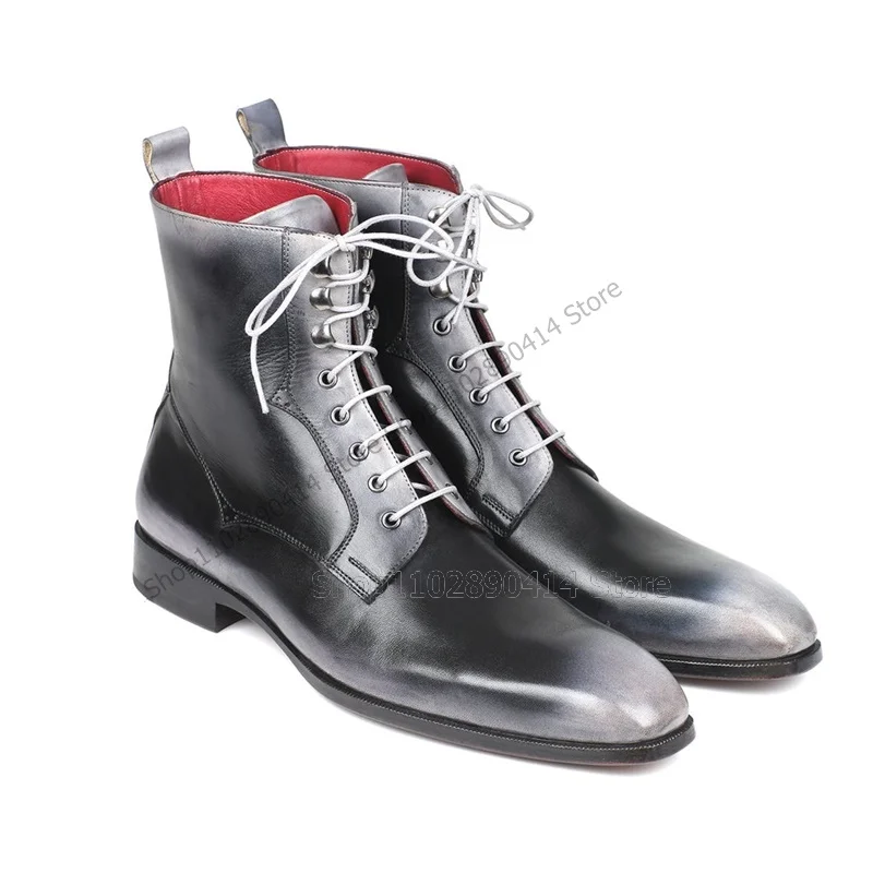 

Gray Black Square Toe Mid Calf Strappy Men Boots Fashion Lace up Men Shoes Luxury Handmade Party Feast Big Size Men Dress Shoes