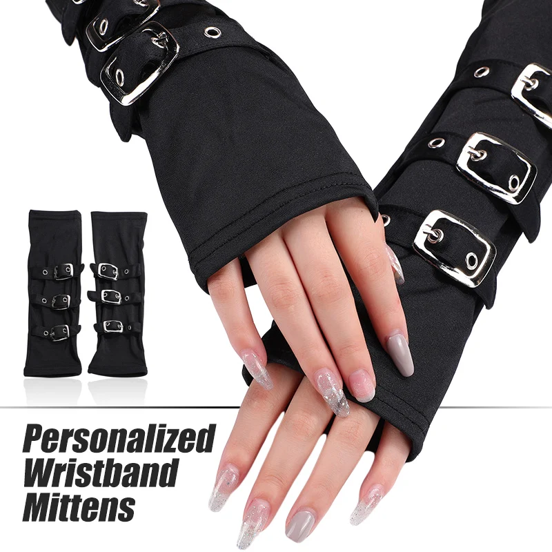 Unisex Steampunk Buckled Up Bondage Arm Warmers With Metal Buckle Straps Women\'s Black Gothic Style Fingerless Gloves