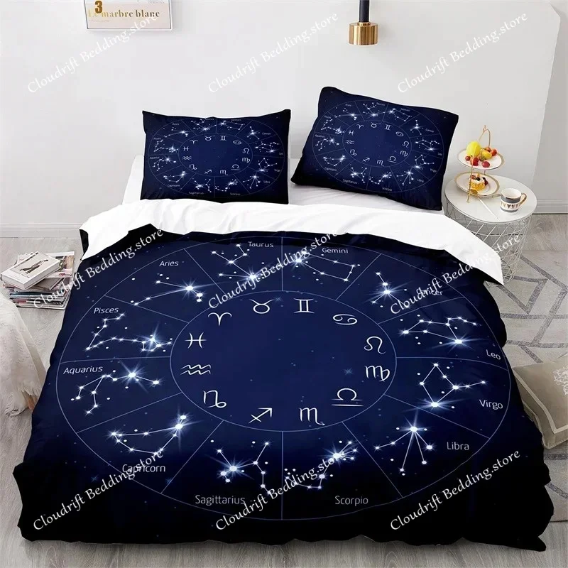 Sun and Moon Duvet Cover King Microfiber Astrology Bedding Set Twelve Constellations Zodiac Comforter Cover For Kids Boys Girls