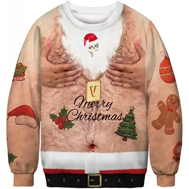 Boy Christmas Beefy hoodie Christmas Round Neck Sweater Christmas Muscle Strong Men's Sweater Digital Print Chain Hoodie Sweater