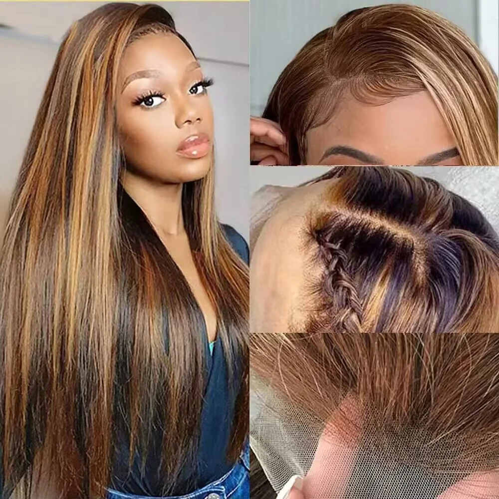 4/27 destaque peruca de cabelo humano mel loira colorido em linha reta 13x6 hd frontal peruca de cabelo humano para mulheres cabelo pré-selecionado brasileiro