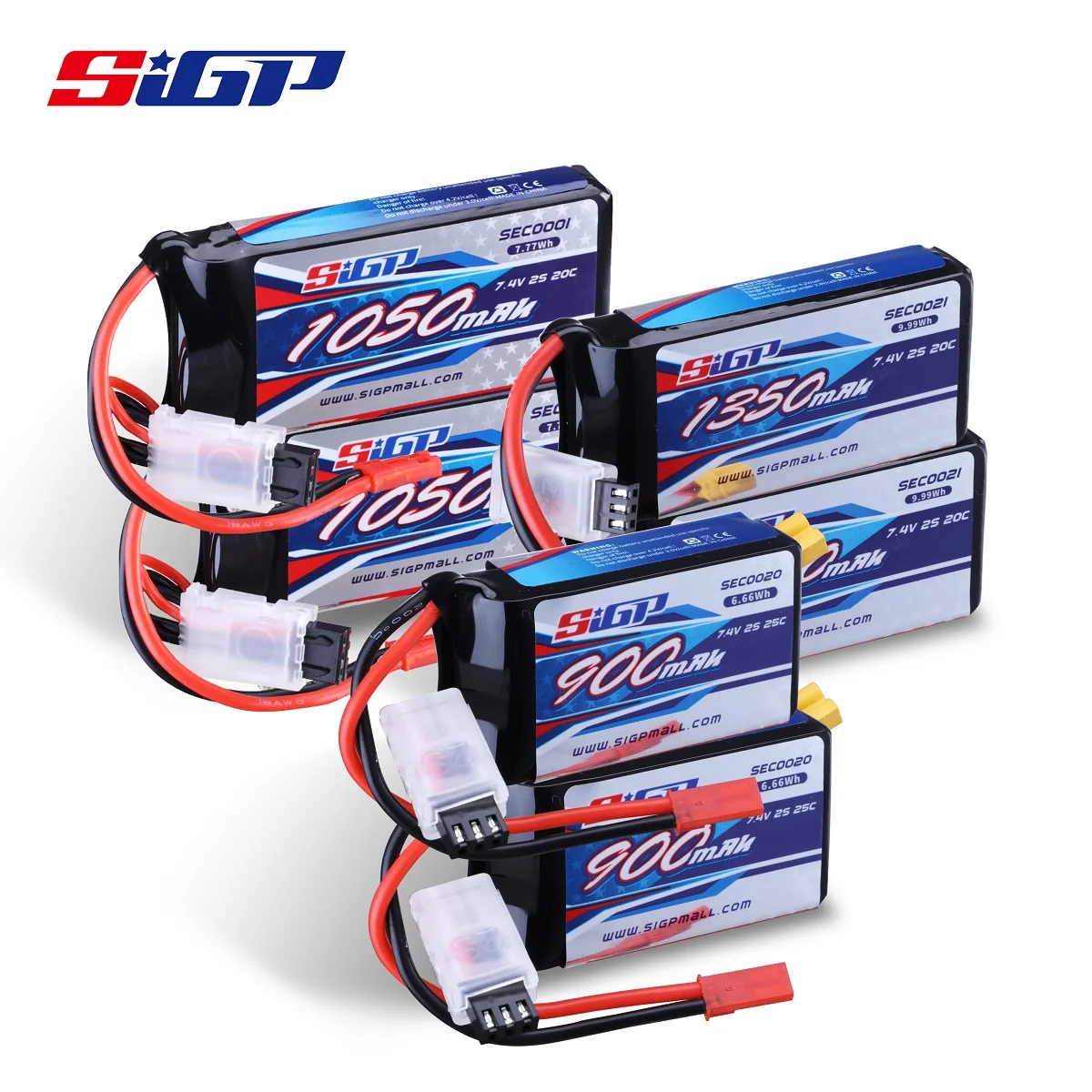 SIGP 2S Lipo Battery for 900mAh 1050mAh 1350mAh 7.4V 20C 25C with JST XT30 Plug RC Airplane Quadcopter Helicopter Drone FPV 2pc