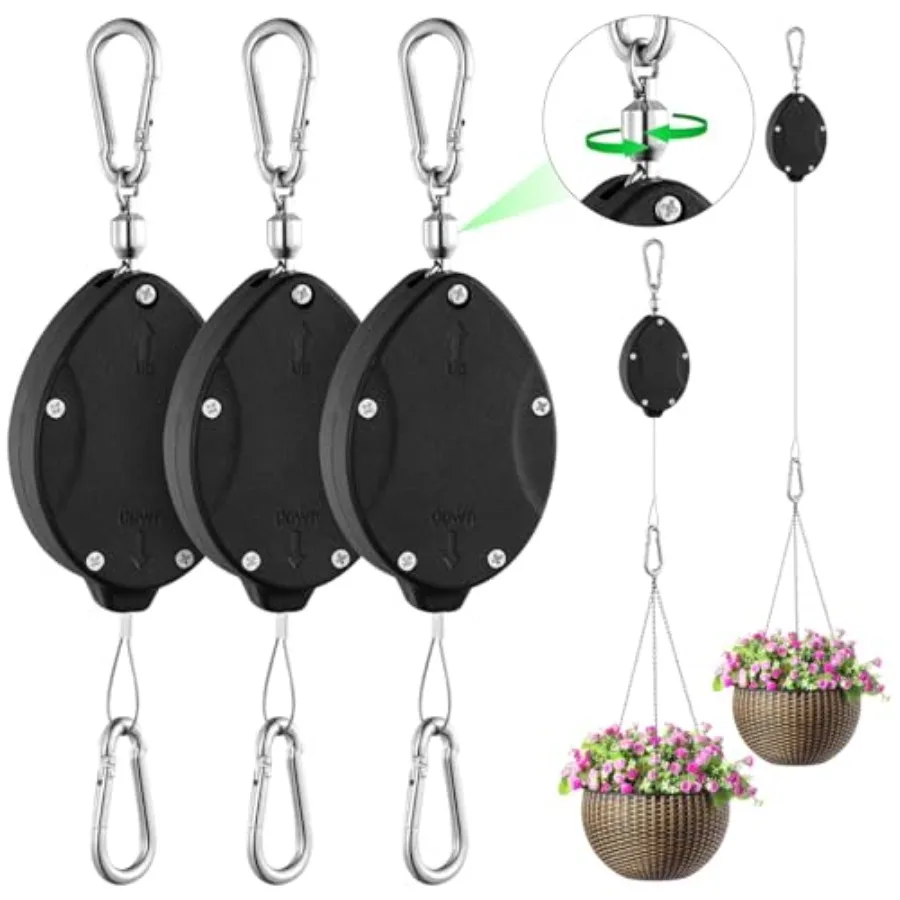 

3 Pack Heavy Duty Retractable Plant Hangers Adjustable Pulleys with 63 PullDown Design Stainless Steel Rope Doubleed Hooks for