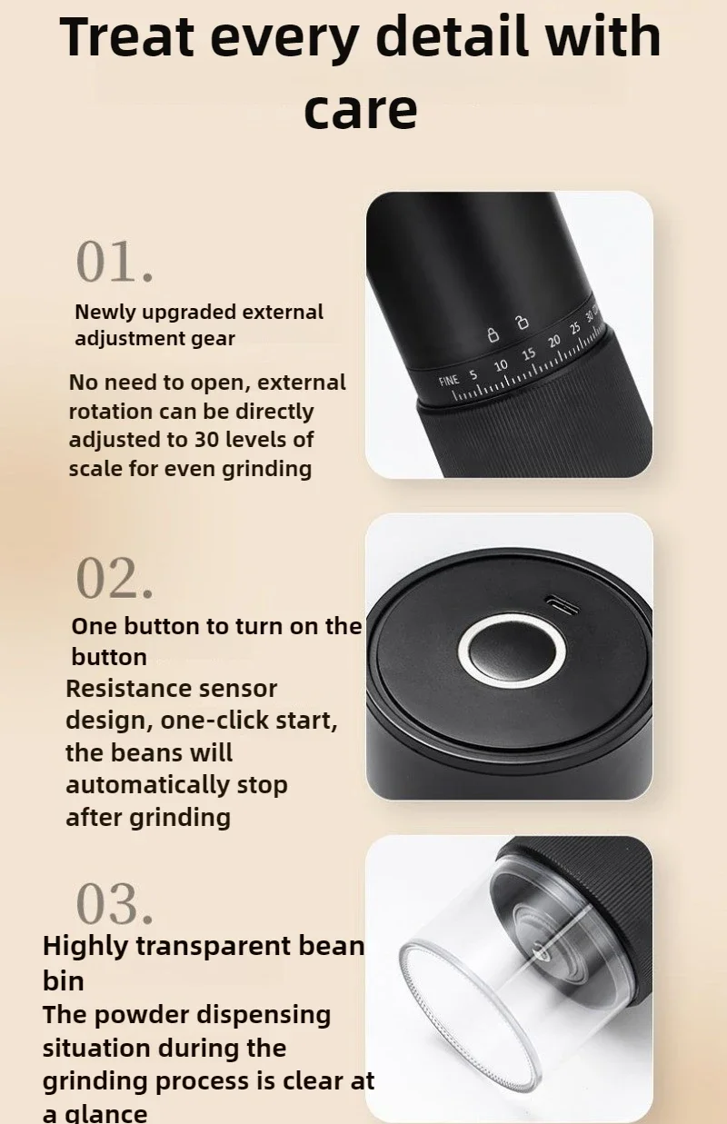 가정용 휴대용 커피 머신 전기 커피 그라인더 신선한 손으로 양조 커피 자동 그라인더 세라믹 코어