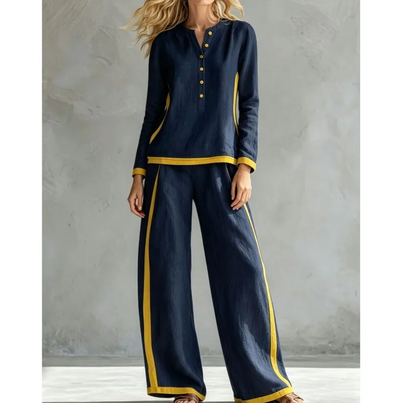 Women's Color Blocked Wide Leg Pants Two-piece Set Spring Autumn Fashion Long Sleeved Top With Pants Suit Ladies Office Outfit