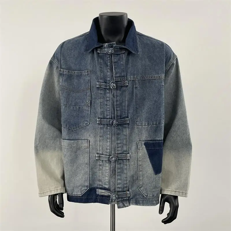 

Waed Denim Jaet for Men with Button Closures adient Color Retro American Sle Couple's Jaet Loose Fit Youth Faion
