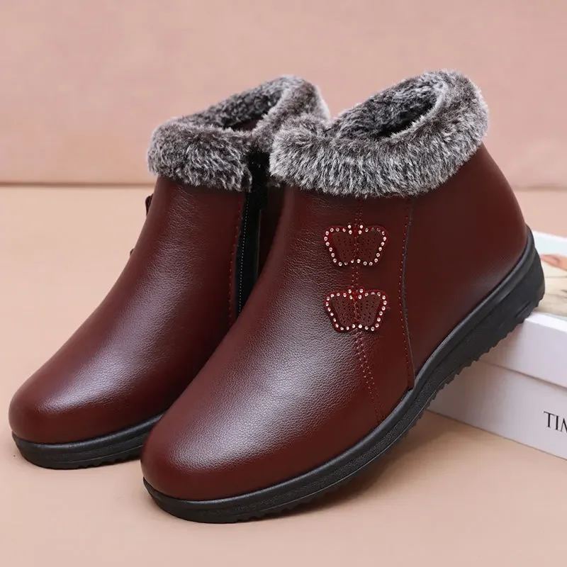 

Fashion Snow Boots Women Leather Ankle Boots Female Thick Plush Warm Winter Shoes Mother Waterproof Non-Slip Botas Mujer