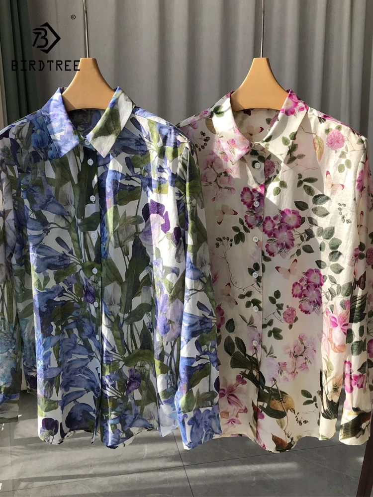 BirdTree 30%Real Silk Watercolor Printing Shirt For Women, 2024 Spring Long Sleeve Lapel Blouse, Elegant Versatile Tops T41559QC