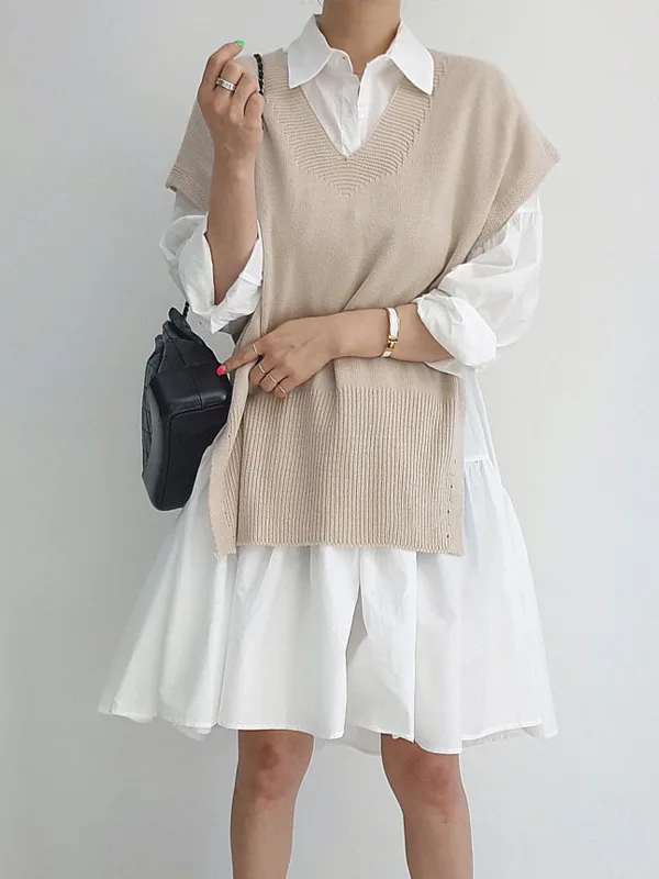 

Chic Versatile Turn-down Collar Single-button Lantern Sve Doll irt Dr + Split Knitted Vest Svel Top Women's Fas...