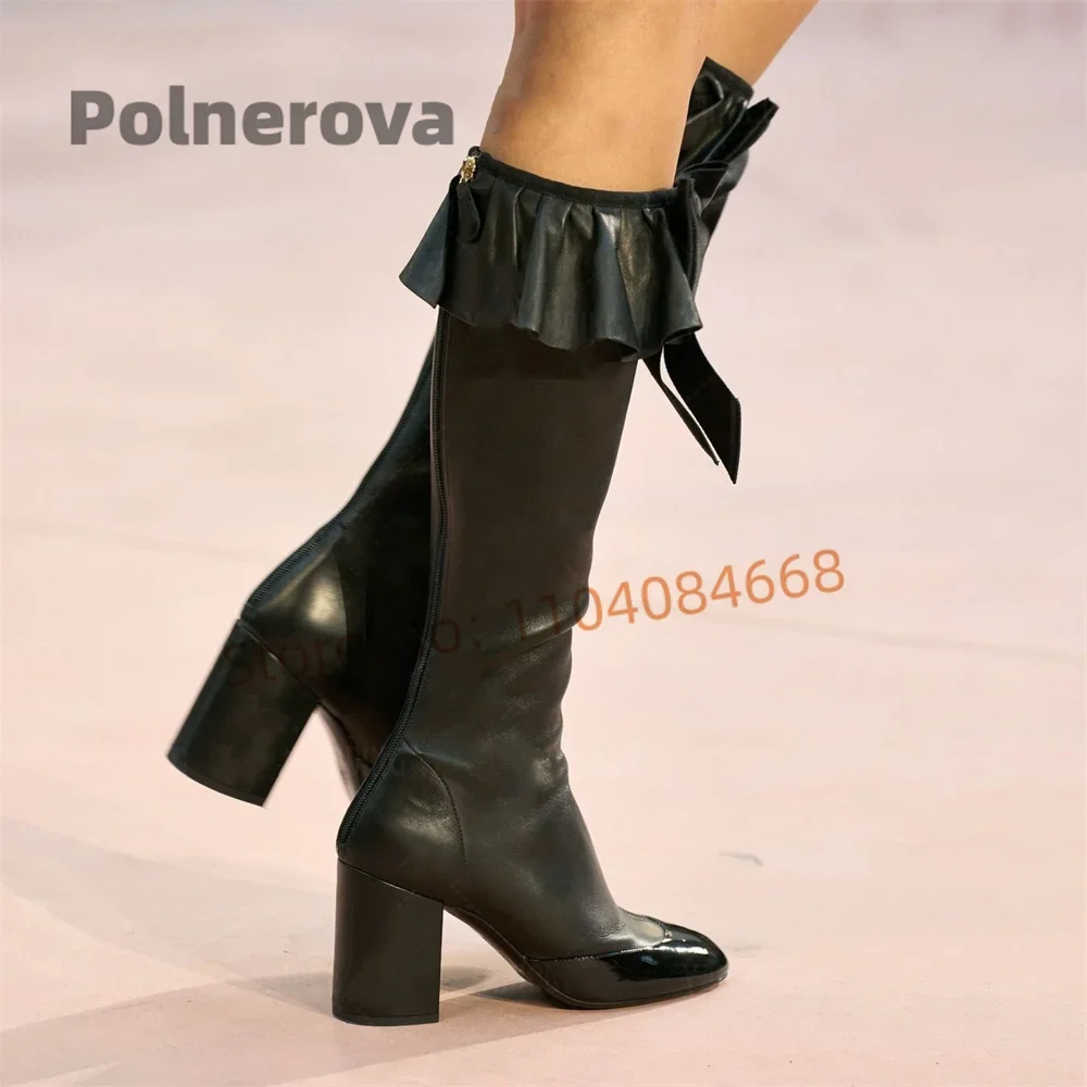 

Женские высокие сапоги из кожи с бантом, классические, с круглым носком, черные, с оборками, на массивном высоком каблуке, стройные, длинные сапоги