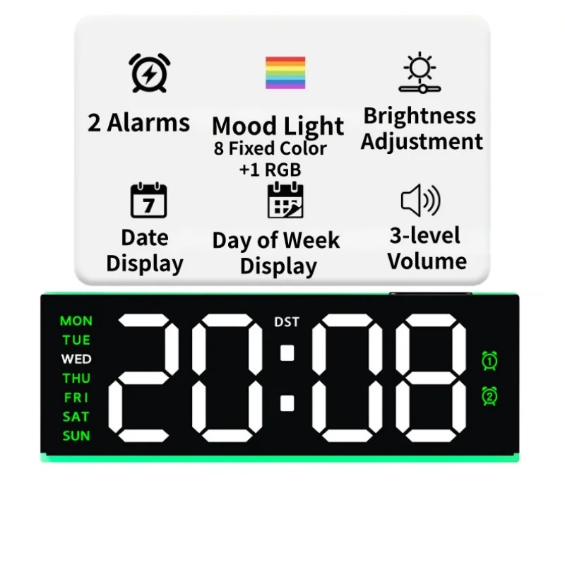 Digitale wekker met sfeerverlichting, 3 volumeniveaus, 2 alarmen, tafelwekker, DST, 12/24-uursweergave, 3 helderheidsniveaus, USB-poort, LED-wekker.