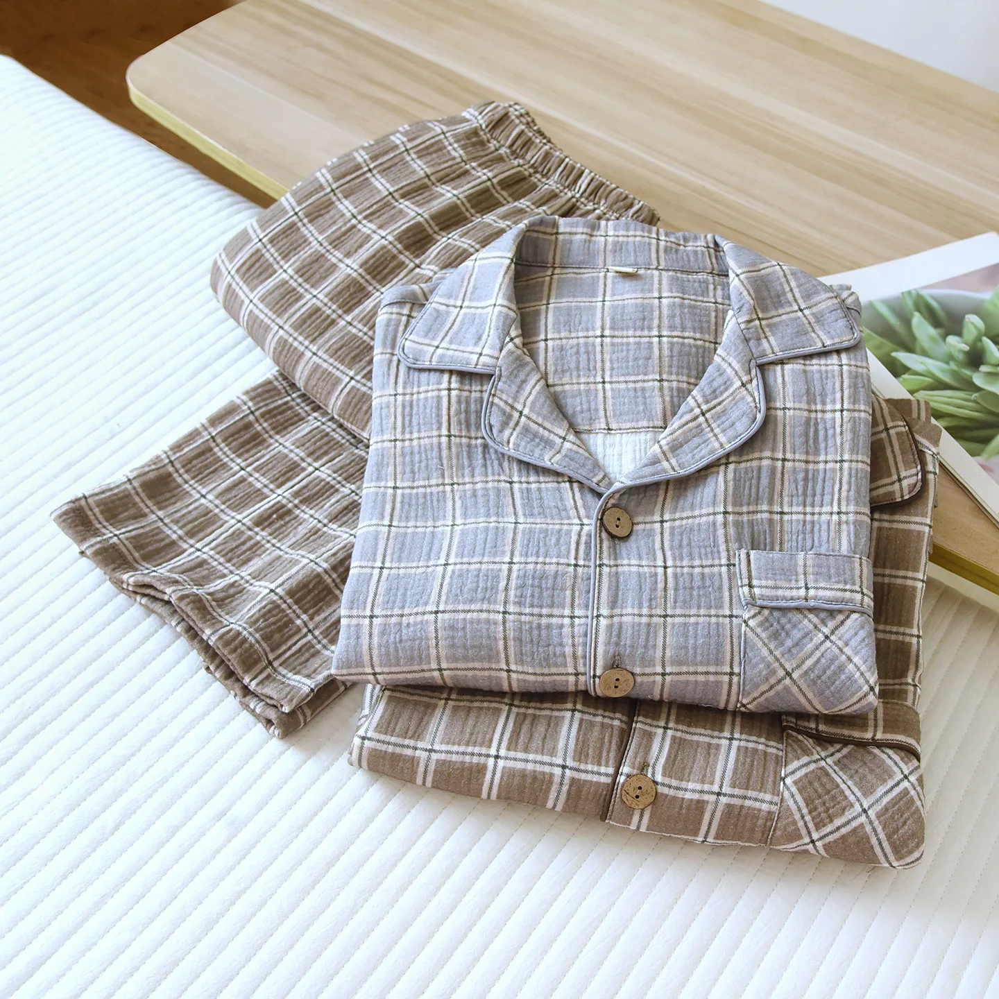 Men's Spring Autumn Cotton Pajama Set Home Clothes Plaid Long Sleeve Shirt Pants Two Piece Set