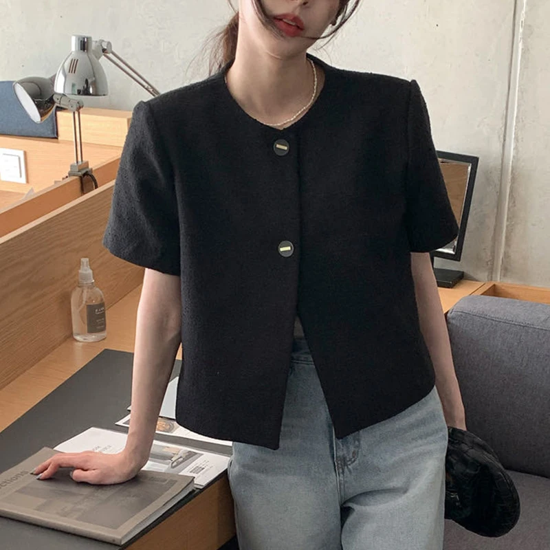 Coreano Chic Estate Vintage rotondo Ne Due bottoni Allentato ort Sve Tessuto grossolano Capispalla da donna Pendolarismo Sle Colore puro